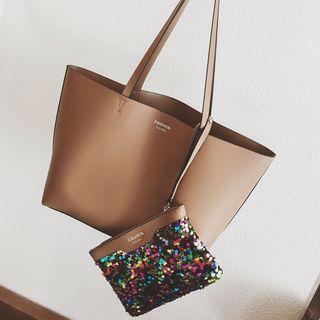 Set: Faux Leather Tote + Sequined Zip Pouch