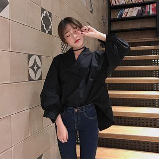 Plain V-neck Puff-sleeve Loose-fit Blouse