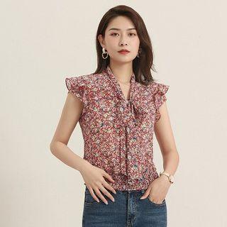 Sleeveless Tie-neck Floral Print Blouse