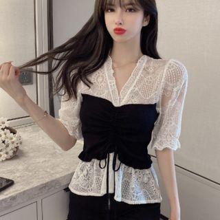 Short-sleeve V-neck Lace Panel Drawstring Blouse