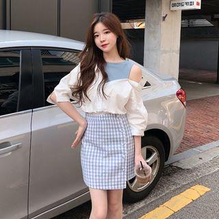 Mock Two-piece Colorblock Blouse / Checked Pencil Skirt