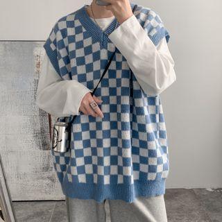 Checkerboard Pattern V-neck Sweater Vest