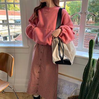 Plain Hooded Pullover / High-waist Plaid Skirt