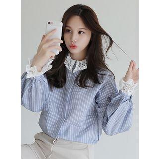 Lace-detail Plain / Stripe Shirt