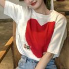Short-sleeve Sweater Sweater - Red Love Heart - White - One Size