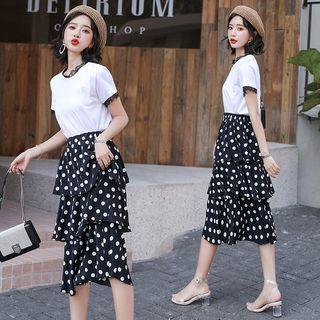 Set: Short-sleeve Lace Trim T-shirt + Polka Dot A-line Tiered Skirt