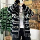Fringed Open-front Patterned Cardigan