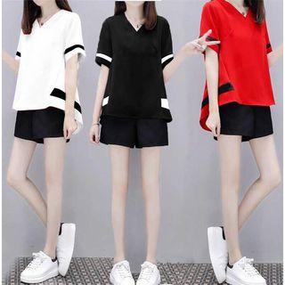 Set: Short-sleeve Contrast Trim T-shirt + Wide-leg Shorts