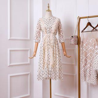 3/4-sleeve Polka Dot Lace A-line Dress