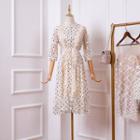 3/4-sleeve Polka Dot Lace A-line Dress