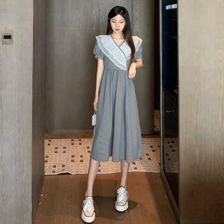 V-neck Lace Trim Puff Sleeve A-line Midi Dress As Shown In Figure - One Size