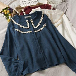 Peter Pan-collar Lace-trim Loose Blouse