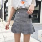 Double Breasted Pleated Check Skirt