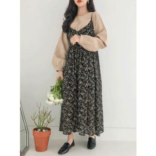 Floral Pattern Long Pinafore Dress