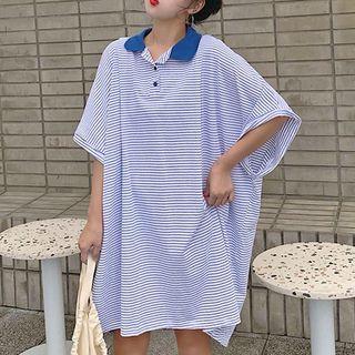 Striped Polo Collar Midi Dress