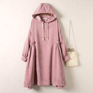 Hooded Long-sleeve Midi Corduroy Dress