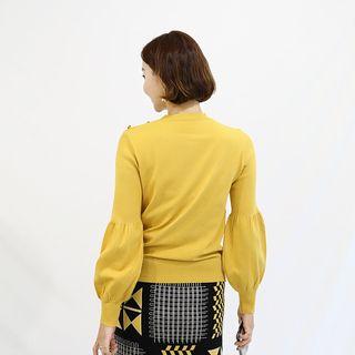 Puff-sleeve Button-trim Knit Top