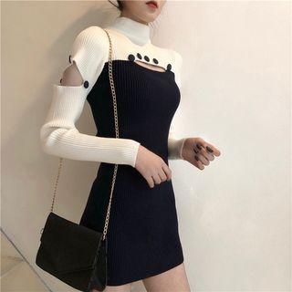 Color Block Cutout Long-sleeve Mini Knit Dress As Shown In Figure - One Size