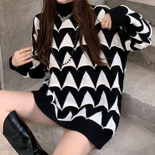 Long-sleeve Contrast Color Jacquard Sweater