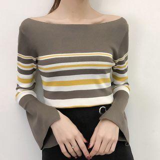 Bell-sleeve Off Shoulder Color Panel Striped Knit Top