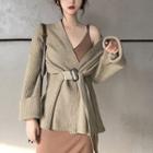 Belted V-neck Cardigan Light Coffee - One Size