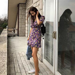 Puff-sleeve Wrap-front Floral Print Dress