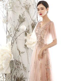 3/4-sleeve Embellished A-line Gown