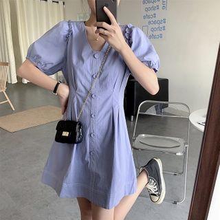 Puff-sleeve Contrast Stitching A-line Dress