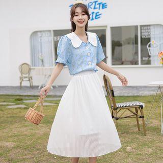 Elbow-sleeve Collared Floral Print Blouse / Midi A-line Skirt / Set