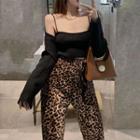 Cropped Cardigan / Camisole Top / Leopard Print Wide Leg Pants