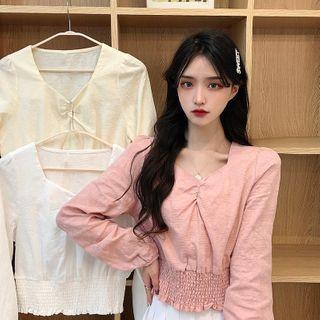 Long-sleeve Shirred Square-neck Blouse