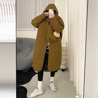 Set: Quilted Long Hooded Button Coat + Scarf