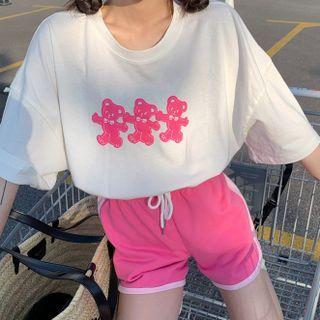 Bear Print T-shirt / Wide-leg Sweatshorts