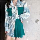 Long-sleeve Pattern Printed Shirt / High-waist Pleated Mini Skirt