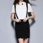 Set: Corsage Short Sleeve Blouse + Striped Jumper Skirt