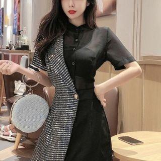 Short-sleeve Asymmetric Glitter Paneled Buttoned Chiffon A-line Mini Dress