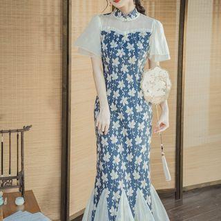 Short-sleeve Midi Sheath Godet Qipao Dress