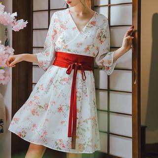 3/4-sleeve Printed Chiffon A-line Dress