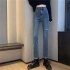 High-waist Straight Leg Distressed Cropped Jeans