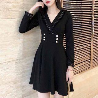 Long-sleeve V-neck Button Accent A-line Dress