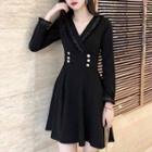 Long-sleeve V-neck Button Accent A-line Dress