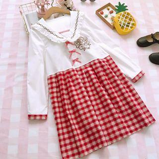 Plaid Panel Embroidered Long-sleeve A-line Dress Milky White - One Size