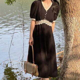 V-neck Lace Panel Midi A-line Dress (various Designs)
