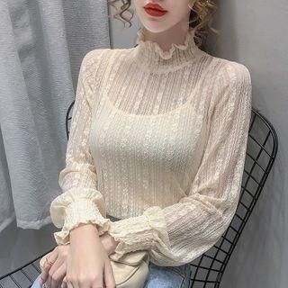 Long-sleeve Turtleneck Lace Blouse