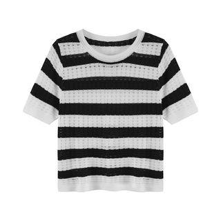 Short-sleeve Crew Neck Striped Pointelle Knit Top / High Waist Plain Dress Shorts