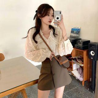 Puff-sleeve Dotted Blouse / Skort