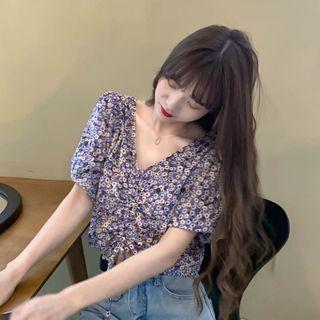 Floral V-neck Drawstring Short-sleeve Cropped Blouse Daisy - Purple - One Size