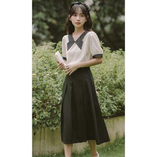 Short-sleeve V-neck Blouse / Midi Pleated Skirt
