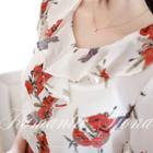 3/4-sleeve Ruffled Floral Print Chiffon Top