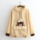 Bear Patch Pompom Ear-accent Hoodie Light Brown - One Size